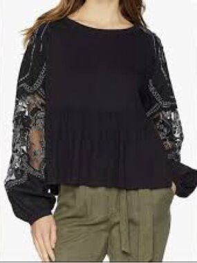 Free People Penny Embroidered Peplum Top Black Lace-Sleeve Whimsigoth size M